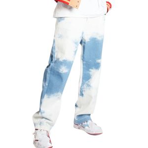 Mannen Mode Baggy Blauwe Tie Dye Print Jeans Hip Hop Straat Casual Rechte Broek Harajuku Vintage Denim Broek
