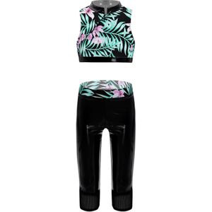 Kids Meisjes Trainingspak Outfit Mouwloze Gedrukt Crop Vest &amp; Leren Broek Kinderen Sport Yoga Set Ballet Gymnasitc Pak