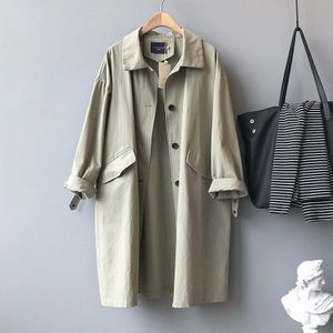 Tangada Vrouwen Oversized Kaki Lange Trenchcoat Mode Elegante Lange Mouwen Dames High Street Losse Uitloper ASF02