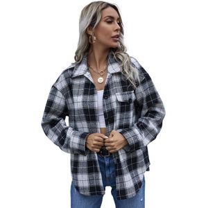 Benuynffy Kraag Tartan Plaid Shirt Vrouwen Herfst Winter Lange Mouw Knop Zwarte Front En Wit Boyfriend Shirts