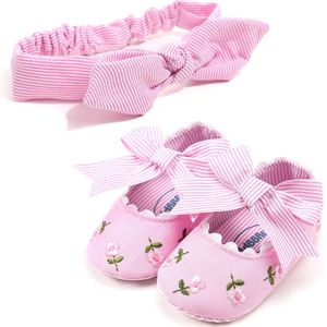 Emmababy antislip Peuter Kids Baby Bloemen Gedrukt Strik Gestreepte Schoenen Hoofdband Meisjes Zachte Tong Katoen Wieg 0- 18M