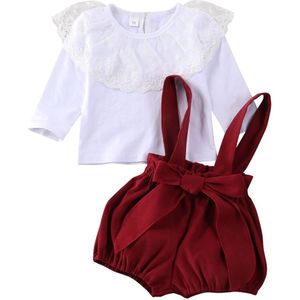 Mooie Prinses Volledige Mouw Kant Tops T Shirts Solid Bow Overalls Zuigeling Baby Meisjes Kleding Peuter Outfits Set 2 Stuks 0-24M