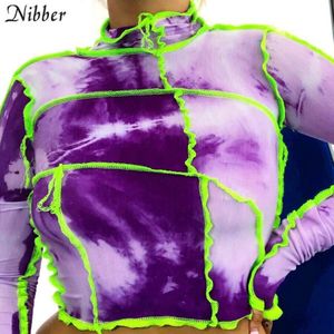 Nibber Herfst Tie-Dye Stiksels Lange Mouwen Top T-shirt Voor Vrouwen Crop Tops Street Casual Dragen Basic grafische Tee Vrouwelijke