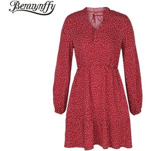 Benuynffy Vintage Ruches Tie Hals Dot Print Jurk Vrouwen Hoge Taille Lange Mouw Vrouwelijke Jurken Herfst Casual A-lijn Mini Jurk