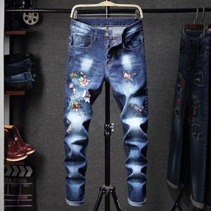 Streetwear Mannen Jeans Skinny Vernietigd Ripped Jeans Gebroken Punk Broek Borduren Jeans Mannen