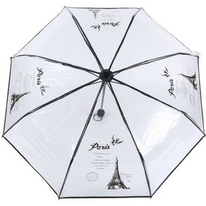 Mode 1 st vrouw transparante Eiffeltoren print in wit zwart Drie Folding Zon Regen Paraplu outdoor Regen Gereedschap