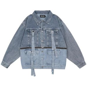 Harajuku Linten Afneembare Rits Denim Jacket Mens Revers Streetwear Oversize Spliced Gewassen Jeans Jas Windjack Casual Top