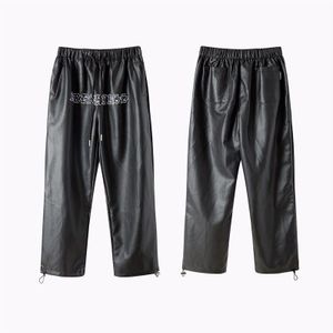 Bebovizi Mannen Baggy Broek Brief Borduurwerk Pu Lederen Broek Toevallige Zwarte Harembroek Streetwear Hip Hop Joggers