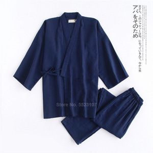2022 Kimono Pyjama Set Voor Samurai Mannen Katoen Traditionele Japanse Top Broek Pure Kleur Casual Ademend Yukata Nachtkleding