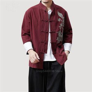 Chinese Hanfu Blouse Jas Traditionele Chinese Kleding Voor Mannen Emboridery Dragon Linnen Kungfu Shirt Top Tang Jaar Kleding