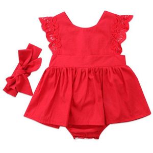 Kerst Pasgeboren Baby Meisjes Romper Zomer Kant Mouwloze Rode Meisje Kleding Katoen Jumpsuit Rompertjes Hoofdband Outfits 2 Stks