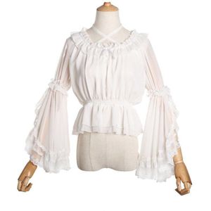 Vrouwen Lichtgewicht Zwart Wit Drie Kwart Mouw Blouse Top Vrouwelijke Losse Dieptepunt Shirt Lolita Verstoorde Kraag Crop Top Shirt