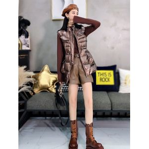 2022 Winter Vrouwen Lange Vest Shiny Solid Hooded Mouwloze Jas Plus Size Stand Kraag Katoen Gevoerde Dikke Casual Uitloper