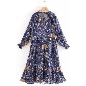 Everkaki Vintage Lange Jurk Vrouwen Boho Print Ruches Losse Herfst Casual Vestido Dames Party Maxi Jurken Femme Zomer