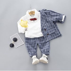 Peuter Jongens Plaid Britse Stijlvolle Suits Lange Mouwen Broek Herfst Formele Sets Baby Kids Kostuum Zachte Mode Dragen