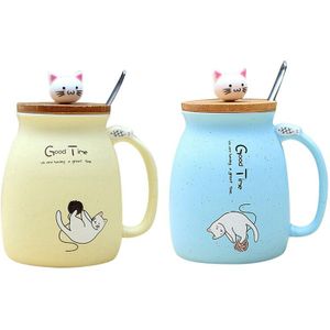 2 Stuks Sesam Kat Hittebestendig Cup Kleur Cartoon Met Deksel Cup Kitten Melk Koffie Keramische Mok Kinderen cup Kantoor -Bei