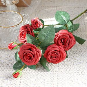 Luxe 7Heads Rose Grote Tak Met Groene Leaf Thuis Wedding Kerst Woonkamer Decoratie Boeket Mariage Bloemen