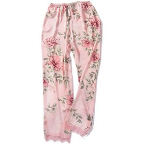 Vrouwen Dame Zijde Satijn Pyjama Bloemen Gedrukt Kant Patchwork Broek Pyjama Nachtkleding Loungewear Homewear