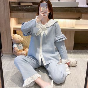 Herfst Winter V-hals Nachtkleding Voor Vrouwen Blauw Pyjama Sets Katoen Lange Mouwen Verpleging Pyjama Casual Homewear