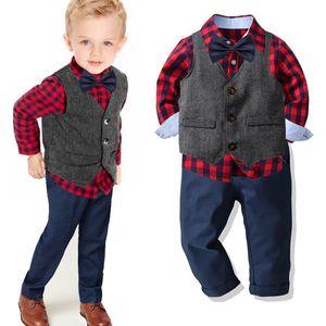 Lente & Herfst Baby Boy Gentleman Pak Plaid Shirt Met Strikje + Vest + Broek 3Pcs Formele Kids kleding Set Peuter Jongens Kleding