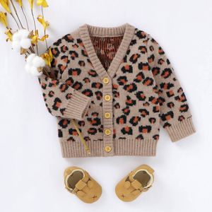 Pasgeboren Baby Jongen Meisje Kleding Luipaard Print Trui V-hals Button-Up Gebreide Vest Kids Casual Tops Voor Herfst Winter