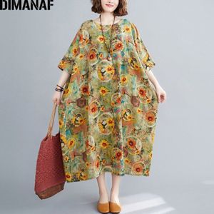 Dimanaf Zomer Plus Size Jurk Vrouwen Kleding Zonnejurk Linnen Bloemenprint Lady Vestido Losse Lange Jurk Oversize 5XL 6XL