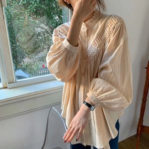 Koreaanse Stijl Vrouwen Blouse Elegante Ruches Blouse Dames Geplooide Geborduurd Enkele Breasted Losse Lantaarn Mouwen Vrouwen