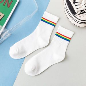 Katoen Mode Vrouwen Regenboog Sokken Lente Kleurrijke Streep Vintage Harajuku Korte Sokken Dames Sportief Zwart Witte Sokken