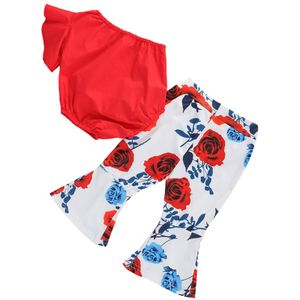 Pasgeboren Baby Meisjes 2 Stuks Set Zomer Kleding Een Schouder Ruches Mouwen Bodysuits Tops Flare Bloemen Broek Mode Outfits