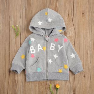 Pasgeboren Kinderen Meisjes Ongedwongen Capuchon Rits Vest Brief Star Print Lange Mouwen Losse Top Met Side Pocket Dagelijks Leven