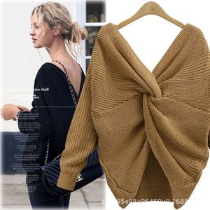 Sexy Effen Kleur Truien Vrouwen V-hals Twisted Terug Knoop Trui Lange Mouwen Jumper Trui One Size Losse Warm trui