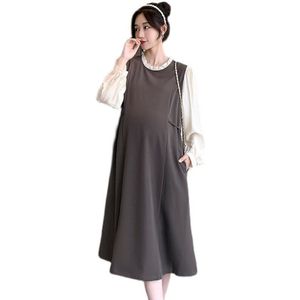 6860 # Herfst Koreaanse Mode Moederschap Lange Party Dress Chic Ins Elegante Een Lijn Slanke Kleding Voor Zwangere Vrouwen Zoete zwangerschap