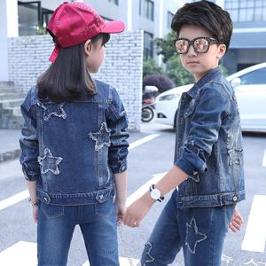 Lente Herfst Kinderen Denim Pak Lange Mouwen Revers Stiksels Denim Shirt Stiksels Achterzak Denim Broek Meisjes Denim pak