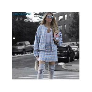 Vrouwen herfst plaid tweedelige set wollen bottons lange mouwen vesten en mini rok elastische taille streetwear pak sets