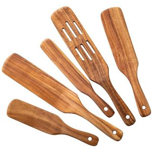 5Pcs Houten Spatel Set Houten Lepels Voor Koken, Spurtles Hout Keuken Natuurlijke Teak Gebruiksvoorwerpen Gereedschappen