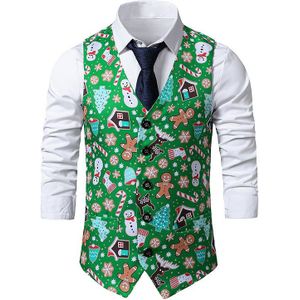 Groene Kerst Vest Mannen Mode Gingerbread Man Snowflake Print Vesten Mannen Navidad Party Festival Kostuum Chaleco