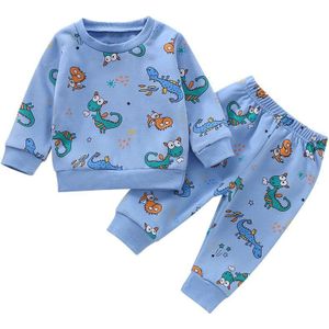 0-4Y Kids Baby Boy Kleding Blauw Cartoon Dinosaurus Print Trainingspak 2 Stuks Herfst Lange Mouw Top Sweatshirt + broek Outfits