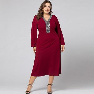 Plus Size Rode Jurk Vrouwen Lente Herfst Lovertjes V Hals Lange Mouw Casual Kleding Grote Size Tuniek Maxi Lange Jurken