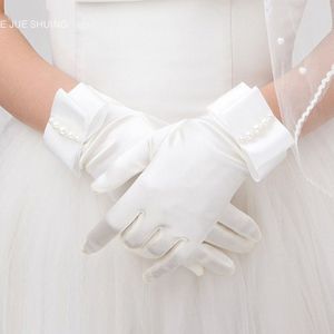 E JUE SHUNG Wit Ivoor Parels Korte Bruiloft Handschoenen Vinger Satijnen Bruids Handschoenen Bruiloft Accessoires