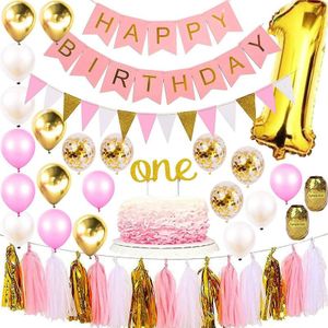 Meisje 1st Verjaardagsfeestje Decoratie Ballonnen Cake Topper Formele Hoed Banner Set Grote Folie Digitale 1 Roze Thema Baby Shower ballon
