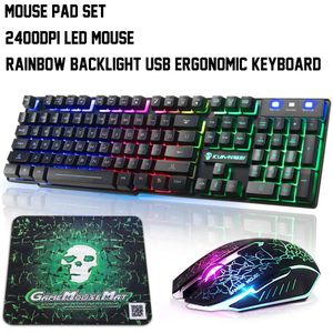 Kleurrijke Backlight USB Bedrade Gaming Toetsenbord en Muis Set T6 2400DPI LED Gamer Computer Mechanische Gaming Toetsenbord Combo