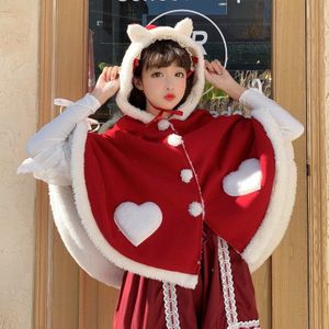 Herfst Winter Japanse Zachte Meisje Zoete Lolita Mantel Kat Oor Hooded Wol Blends Warme Jassen Vrouwen Leuke Vleermuis Mouw Prinses tops