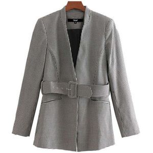 Traf Vrouwen Vintage Stijlvolle Office Wear Houndstooth Met Riem Blazer Jas Mode V Hals Lange Mouw Plaid Bovenkleding Chic Tops