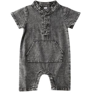 Pasgeboren Baby Denim Jumpsuits Jongen Zomer Effen Kleur Revers Romper Met Een Grote Zak