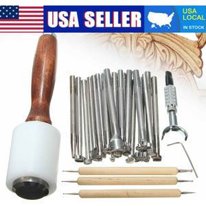 25Pcs Rvs Lederen Werken Saddlemaking Gereedschap Carving Leather Craft Postzegels Hamer Beveler Kit Effen Metalen Printinting