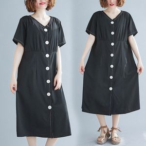 Dimanaf Zomer Vrouwen Jurk Zonnejurk Office Lady Vestidos Elegante V-hals A-lijn Knop Losse Plus Size Effen Zwarte Jurken