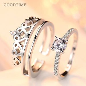 Mode 100% Echt 925 Sterling Zilveren Ringen Wedding Bridal Double-Layer Kroon Zirkoon Ring Sieraden Ring Valentijn Cadeau Voor vrouwen