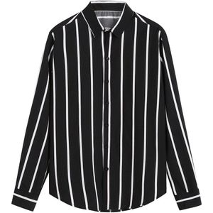 GRATIS STRUISVOGEL mannen Mode Zwart Wit Streep Losse Lange Mouw Revers Casual Shirt Mannelijke Kleding Comfort Top Plus size