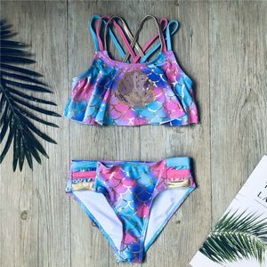 Borduren Kids Bikini Set Vis Schaal Meisjes Kid Badmode Zwemmen Pak Kinderen Bandage Badpakken Beachwear A246