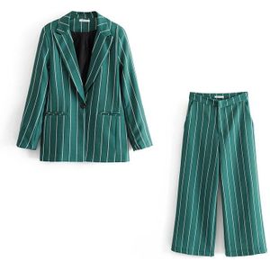 Vintage Chic Groen Gestreepte Pant Suits Zakken Single Button Notched Blazer Zipper Fly Straight Lange Broek Casual Suits